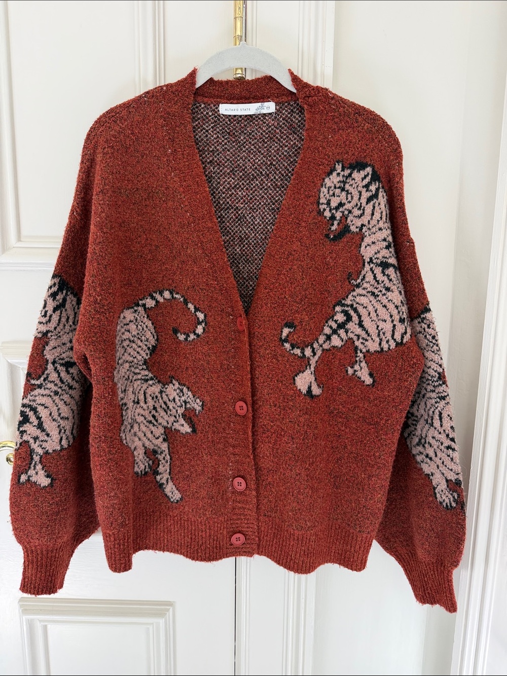 Altar'd State Rust Cardigan with Tiger Motif